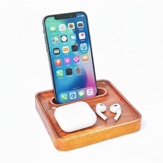 Premium Acacia Wood Mobile Phone Stand with Organizer Tray